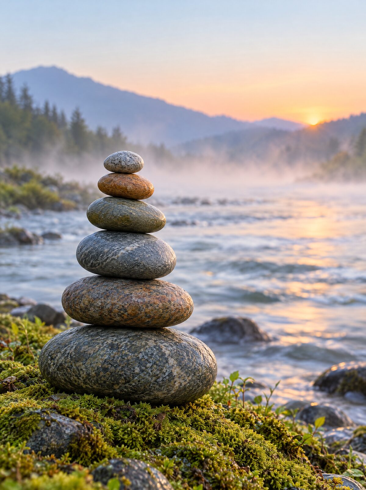 Six river stones stacked into a cairn on a mossy riverbank at dawn, largest at the bottom.